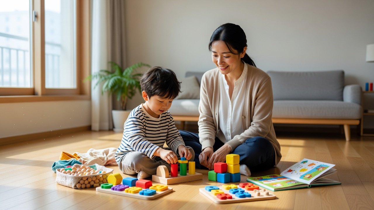 미취학 아동 발달 단계별 놀이 활동을 보여주는 실내 장면