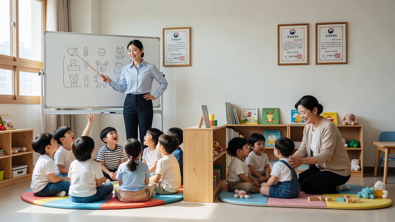 유치원 어린이집 차이에서 교사 자격증 비교를 보여주는 장면